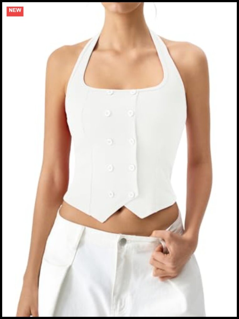Halter Square Neck Crop Tank Top Button Front Sleeveless Corset Vest Ribbed Knit